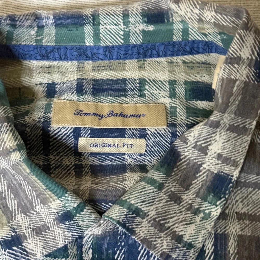 Tommy Bahama Button down Island Zone Shirt Mens XXL Blue Green Silk Blend Plaid